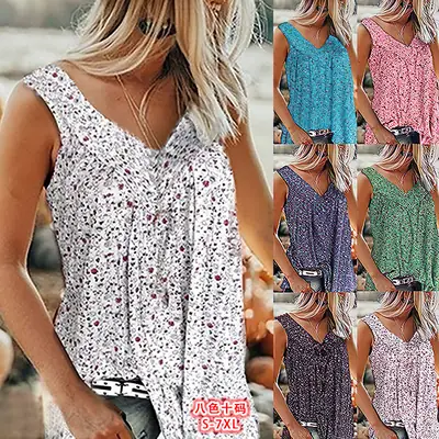 Women Printed V-Neck Tops Pink Large Size