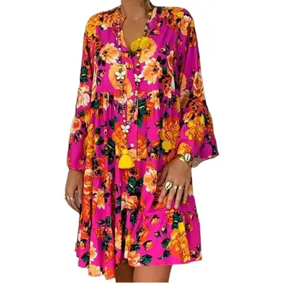 AliExpress V-Neck Printed Lotus Leaf Sleeve Dress Multi Color Large