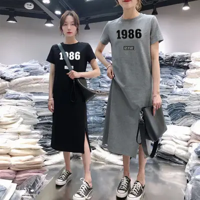 Women 1986 Printed Black Slit Skirt Mid Length