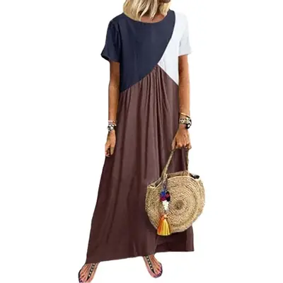 Women Geometric Stitched Dress Large Size Contrast Color Casual Wear