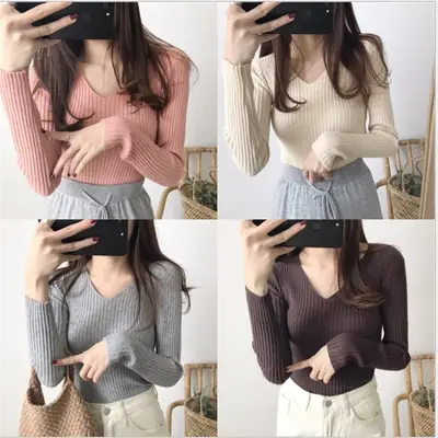 Women Black V Neck Knitted Long Sleeve Slim Fit Top