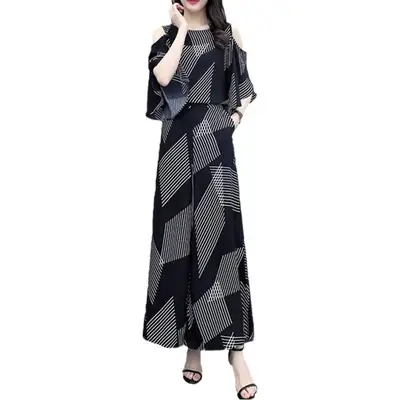 Women's Black Geometric Off-Shoulder Striped 2-Piece Set