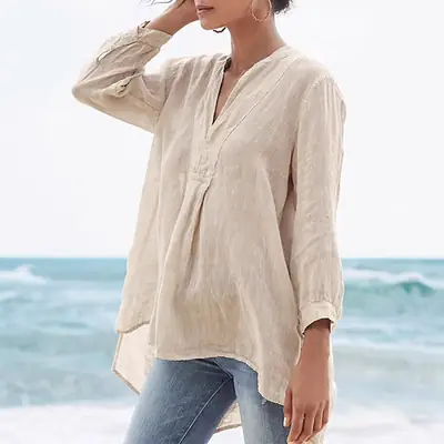 Ladies White Linen V-Neck Top 9 Sleeve Long Sleeve