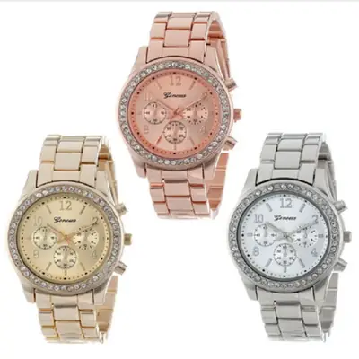 Gold Geneva Watch for Women with Diamond Band