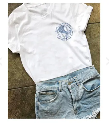 White T-Shirt with Mermaid Print, Women's & Men's, European American Street Short