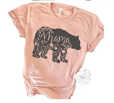 Mama Bear Print T-Shirt Pink Cotton Short Sleeve