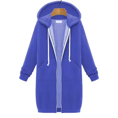 Women Blue Hooded Long Sleeve Sweater Coat