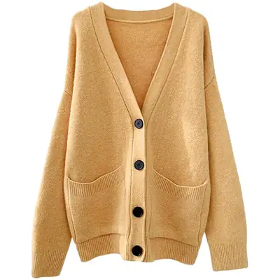 Women's Loose V-Neck Cardigan Sweater Tan Button Front