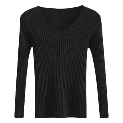 Women Black V-Neck Knit Pullover Sweater