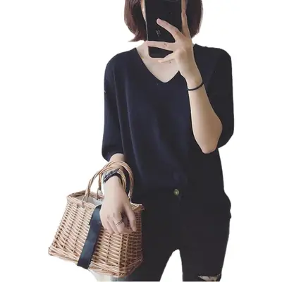 2025 Spring Women V-Neck Knit T-Shirt Solid Color