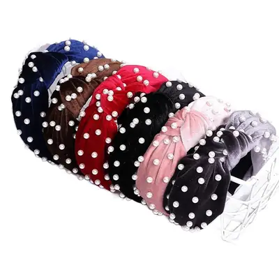 Korean Style Pearl Velvet Knot Headband Wide Brim