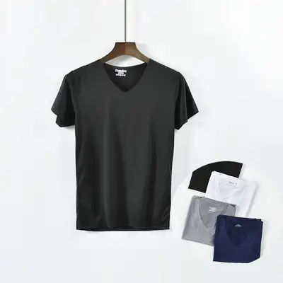 Men V-Neck Ice Silk T-Shirt Slim Fit White