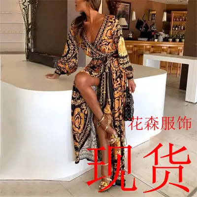 2023 Retro Printed V-Neck Long Sleeve Dress Large Split