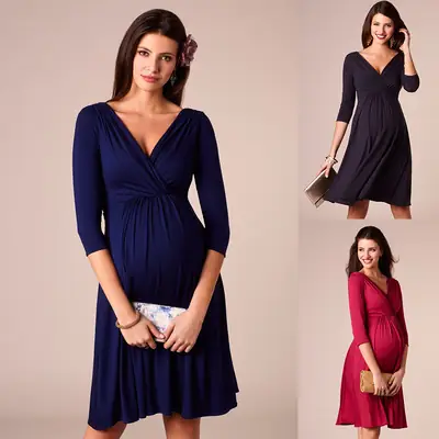 Maternity Dress Navy Blue V-Neck Pleated Evening Party Wear