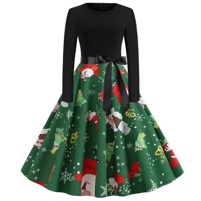 Christmas Printed Long Sleeve Skirt Dress Green Large