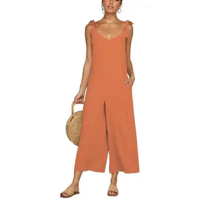 Women Yellow Cropped Jumpsuit Bow Suspender Set