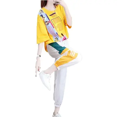 Women Casual Sports Suit Yellow White Ghost Step Dance Set