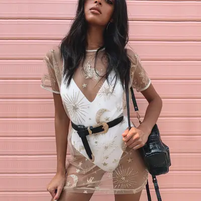 2021 Export Sexy See-Through Mesh Skirt Sunscreen T-Shirt for Women