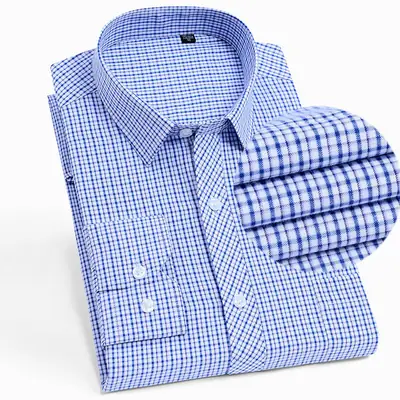 Men Blue Checkered Long Sleeve Shirt for Elderly Middle-aged Menswear
