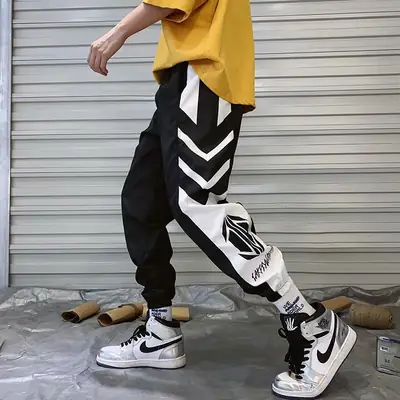 Men Black White Graphic Ankle Pants Hiphop Style