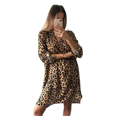 Women Leopard Print Long Sleeve Shirt No Belt