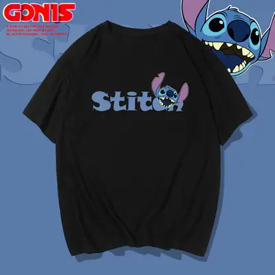 Men Stitch Anime T-Shirt Red Loose Cotton Summer