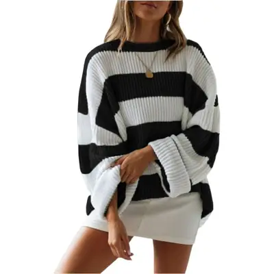 Women Striped Sweater Autumn Winter Curled Round Neck