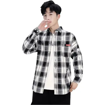 Men's Plaid Long Sleeve Shirt Black White Slim Fit