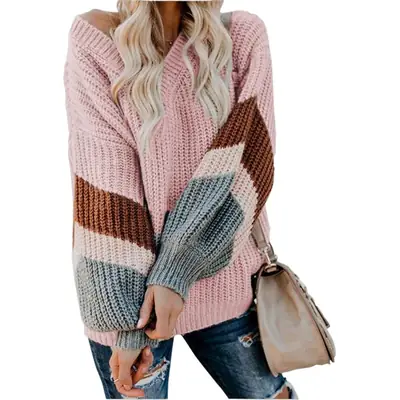 Women V-Neck Knit Sweater Black with Lantern Sleeves