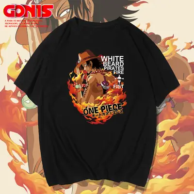 Men One Piece Cartoon Ace Flame Print T-Shirt White