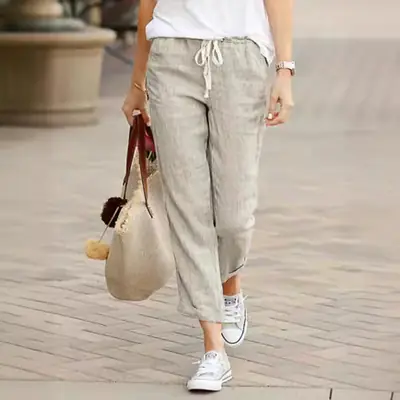 2023 Cotton Linen Drawstring Pants Blue White