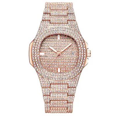 Women's Diamond Encrusted Golden Watch with Rhinestone Calendar