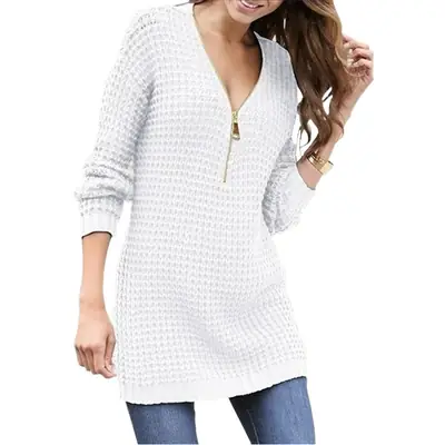 2026 V-Neck Long Sleeve Knitted Dress for Women White