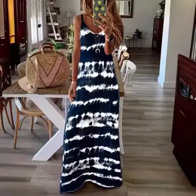 2023 Stripe Crewneck Stripe Strap Dress Green White Tie Dye