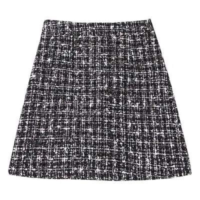 Women's Black Tweed Hip Skirt High Waist A-Line