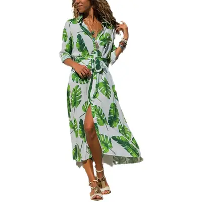 Green Leaf Print Long Sleeve Wrap Dress for Women