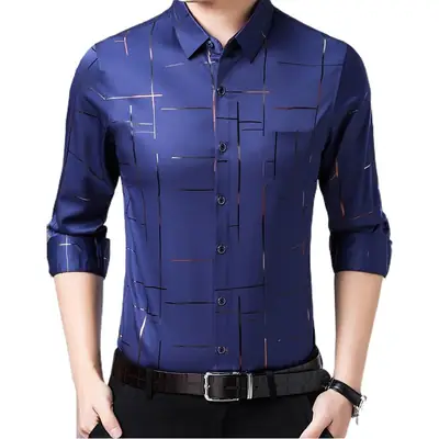 Men's Blue Long-Sleeved Plaid Shirt 2020 Spring
