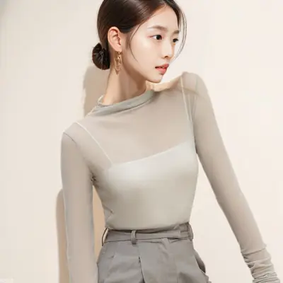 European Women's Long Sleeve Mesh T-Shirt Top