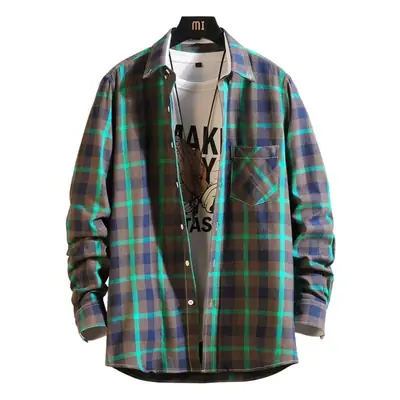 Men Plaid Long Sleeve Shirt Korean Style Slim Fit