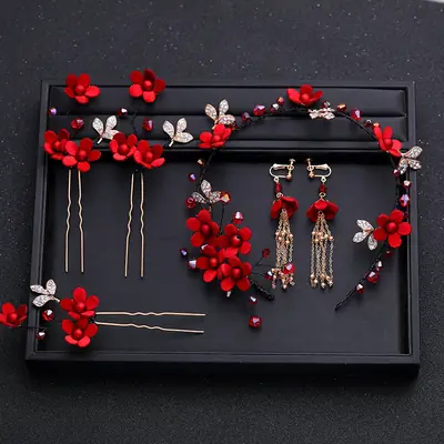Red Flower Hairbands & Earrings for Weddings