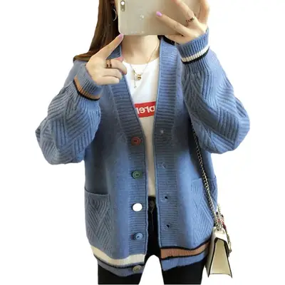 Women Yellow Knitted V-Neck Cardigan Coat Small