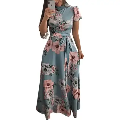 Women Floral Print Flared Dress Blue Medium