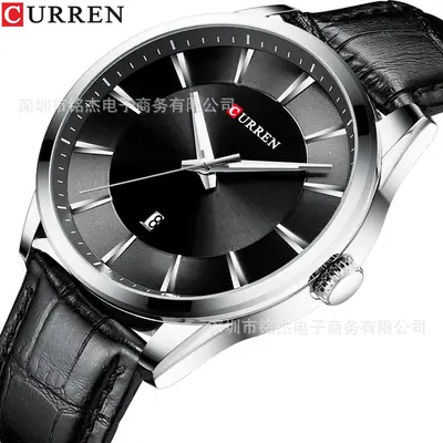 Men's Blue Leather Strap Quartz Calendar Watch