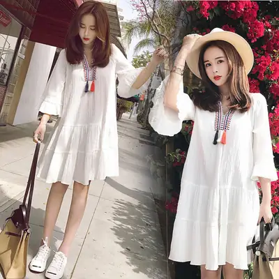 White Chiffon Maternity Dress Mid-Length Ethnic Style Loose Fit