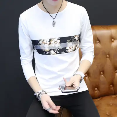 Men Navy Blue Floral Print Long Sleeve T-Shirt