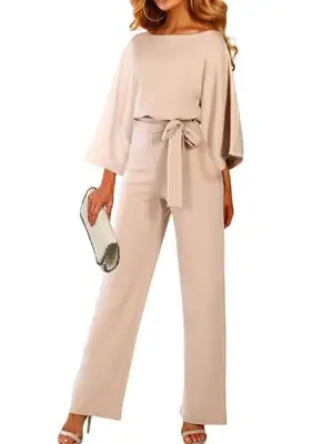 Women's Beige Lace-Up Trousers Set Long Sleeve Top