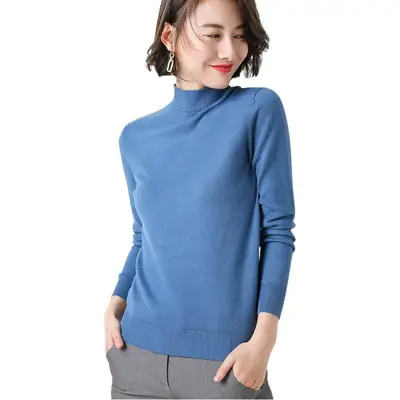 Women's Slim Fit Sweater Pullover Blue White Collar