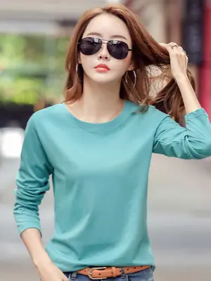 Women Pure Cotton Long Sleeve T-Shirt Purple Round Neck