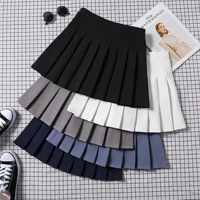 Women Pleated Skirt Navy Blue High Waist Slimming