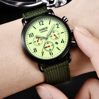 Men's Military Style Quartz Watches with Green & Brown Belts
